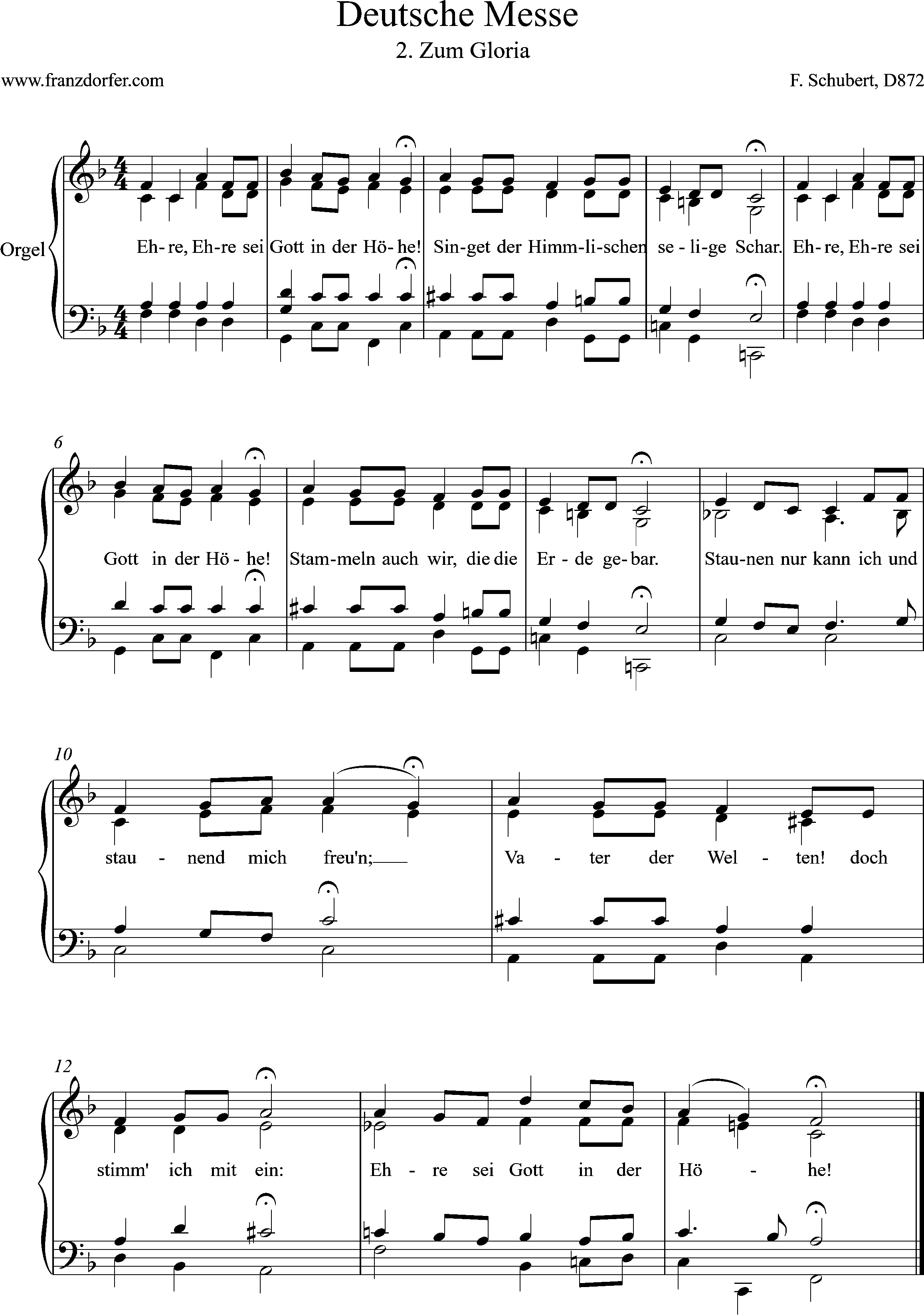 Orgelnoten, Deutsche MEsse, Gloria, F-Dur